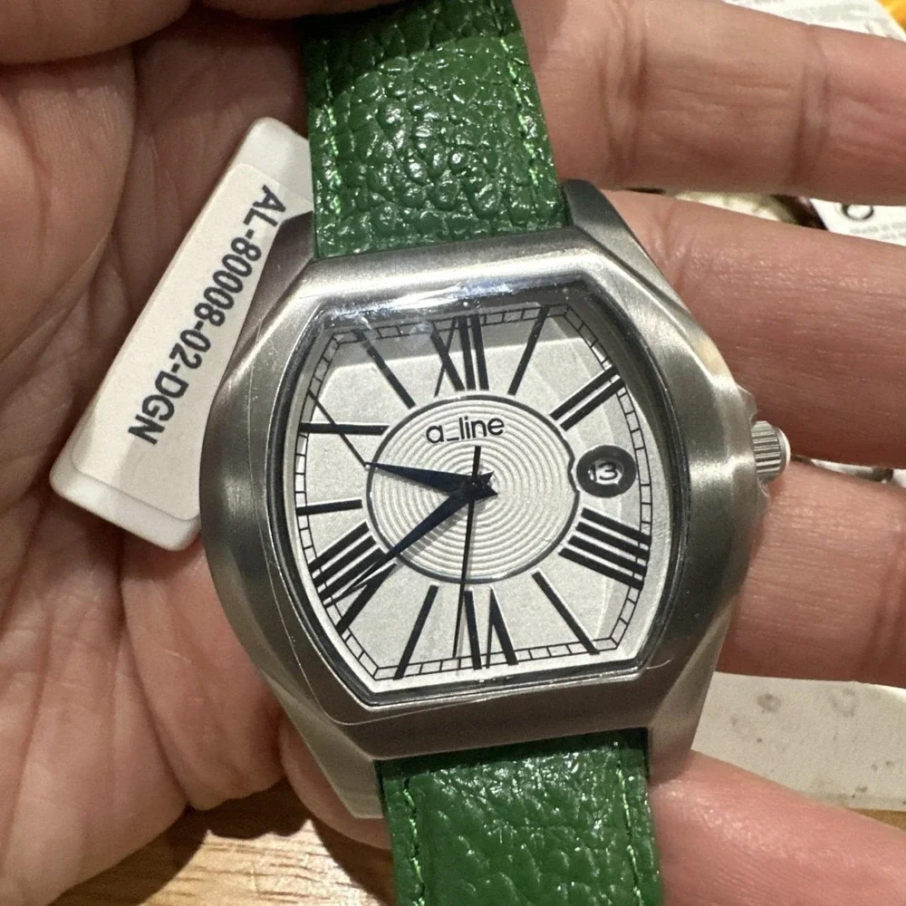 Works A Line Womens Watch Green Leather Strap Silver Tone 42mm Fit 8 -Never Worn